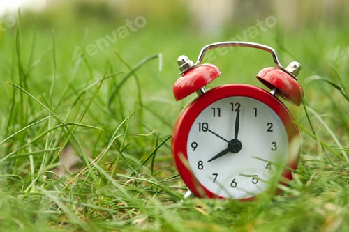 Preview: Alarm clock on green grass background. Springtime