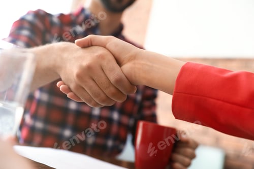Preview: Business partners shaking hands after meeting, closeup