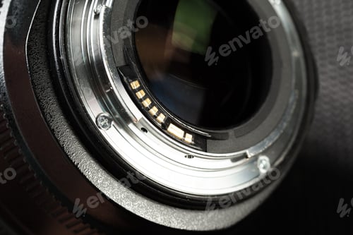 Close-up of Camera Lens with Electrical Contacts