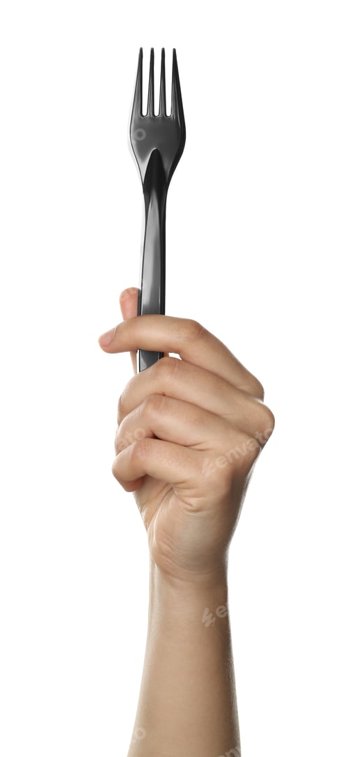 Preview: Woman holding plastic fork on white background, closeup