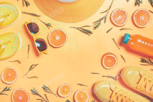 Preview: Top view flat lay summertime beach accessories