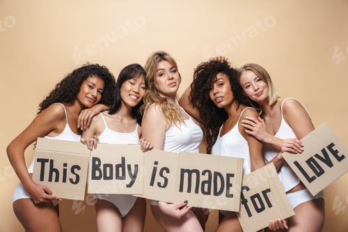 Preview: Image of seductive multinational women hugging and holding placards