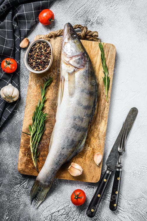 Preview: Raw pike perch, pikeperch fish. Fresh fish. Gray background. Top view