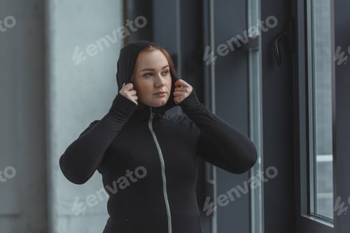 Preview: Obese girl standing by window fixing her hood in gym