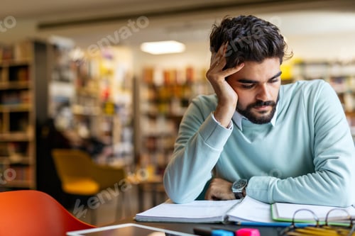 Preview: Portrait of young male student studying in a library. Education study teenager concept