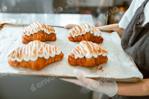 Preview: Employee in gloves holds delicious croissants in craft bakery shop