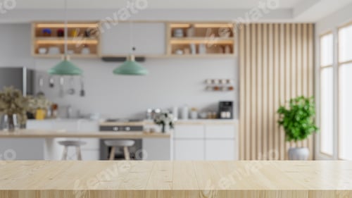 Vista previa: Wooden table top on blur kitchen room background.