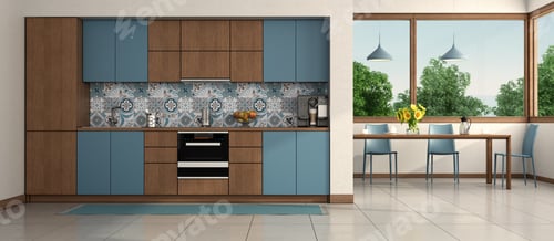 Preview: Modern blue and wooden kitchen