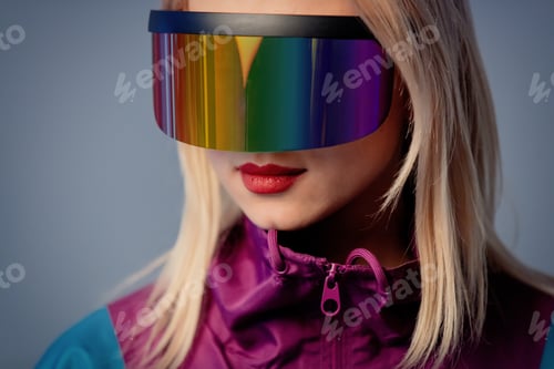 Preview: Woman in futuristic glasses on grey background