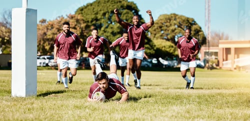 Preview: Rugby, team and sports game with men celebrate player scoring a try, fitness and active outdoor wit