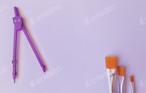 Preview: Paintbrushes and the purple metal callipers on a purple surface