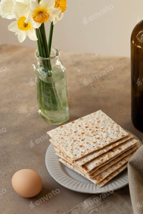 Preview: Matzah with Egg and Flowers on Table