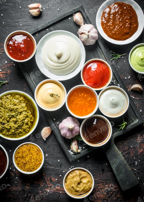 Preview: Pesto sauce, guacomole, ketchup, mustard, barbecue sauce in bowls.