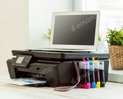 Preview: Printer and computer. Office table