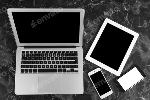 Preview: Devices with blank screens on marble background, top view. Mock up for design