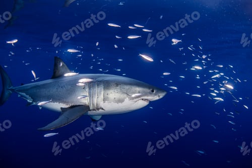 Preview: Mexico, Guadalupe Island, Great white shark and group of fish in sea