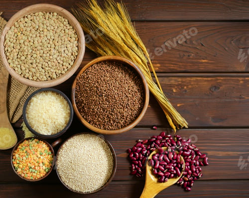 Preview: various types of cereals on a wooden table