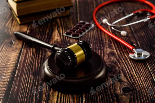 Preview: Medical malpractice and errors makes doctors and patients go to court, gavel on legal books.