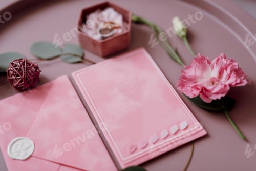 Preview: wedding invitation in a gray envelope on a table with green sprigs