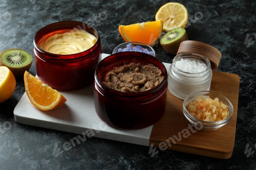 Vista previa: Skin care scrub concept on black smokey background