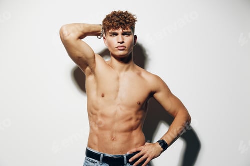 Preview: man white background fit gray background adult body lifestyle jeans torso muscle muscular