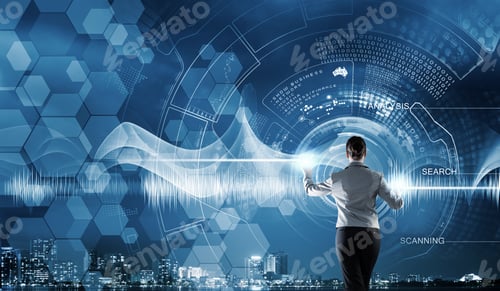 Preview: Back View Of Businesswoman Working With Modern Virtual Technologies