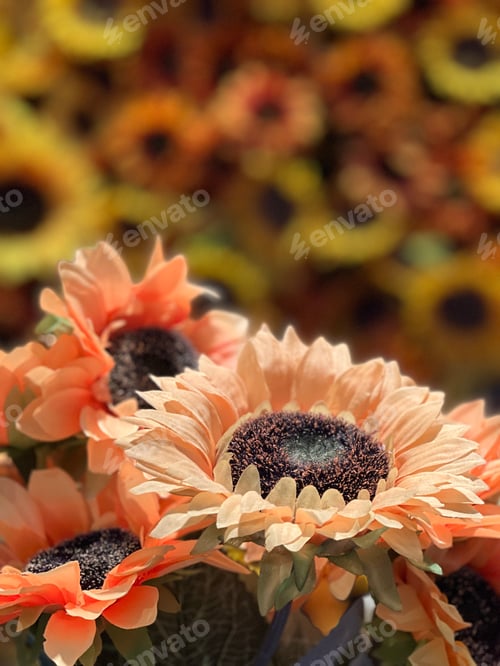 Preview: Field of sunflowers in yellow and orange on a wall with a close up of a bouquet