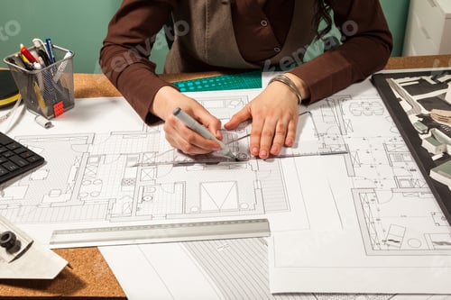 Preview: Close up of architect hands working on blueprints