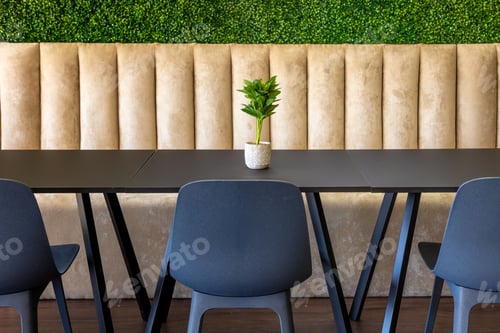 Preview: Beautiful shot of table with chairs against green decorative wall in interior of restaurant or cafe