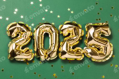 Preview: New year 2025 celebration card. Gold number 2025, party decoration, confetti on green background