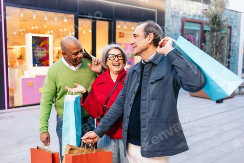 Preview: Diverse group of senior friends enjoying shopping spree with multiple bags outside retail store