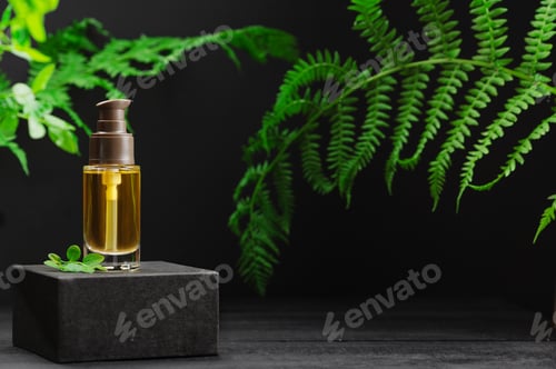 Preview: Oil Bottle with Fern and Fresh Green Leaves