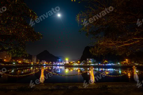 Preview: Full moon over Cat Ba Vietnam City at night