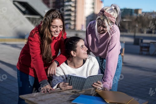Preview: woman holding a diary while sitting outdoors and two female friends standing around her