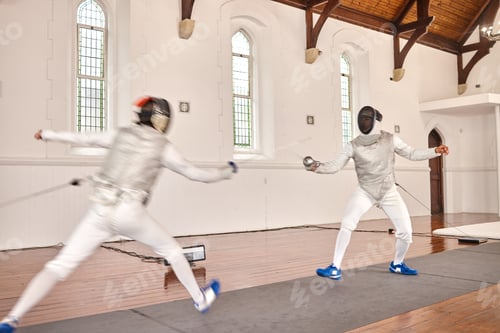 Preview: Fencing, sport and men with sword to fight in training, exercise or workout in a hall. Martial arts