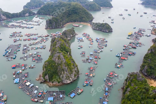Preview: Aerial view of Floating fishing village in Lan Ha Bay, Vietnam.