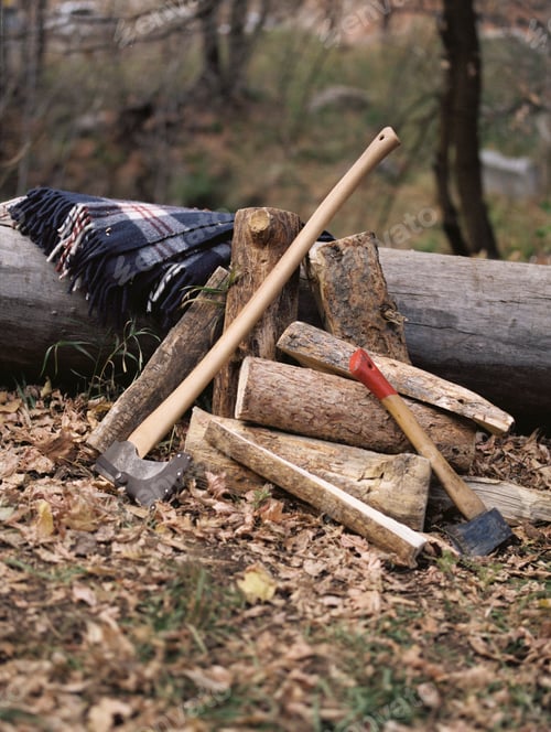 Preview: Tools and chopped firewood, a blanket lying on a log.