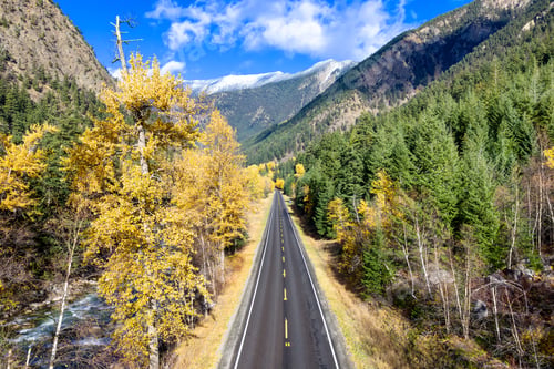 Preview: Long Open Road Through Autumn Forests in British Columbia, Canada, Mountain Valley View