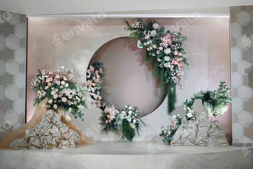 Preview: Modern wedding decor with large abstract floral arrangements in soft pastel colors.