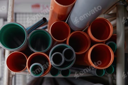 Preview: Closeup view on plumbing shop showcase with plastic water pipes