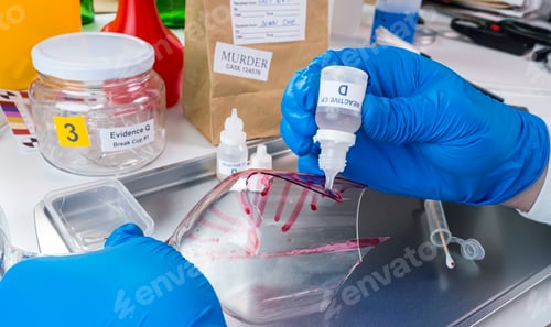 Preview: Police expert gets blood sample from a broken glass bottle in Criminalistic Lab, conceptual image