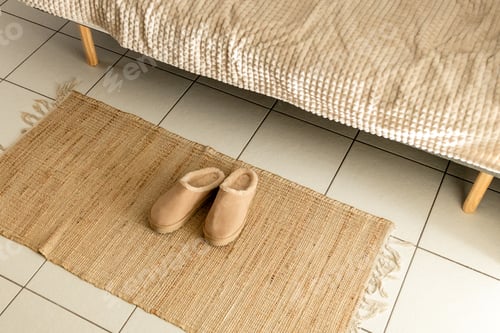 Preview: Uggs slippers on the rug by the bed.