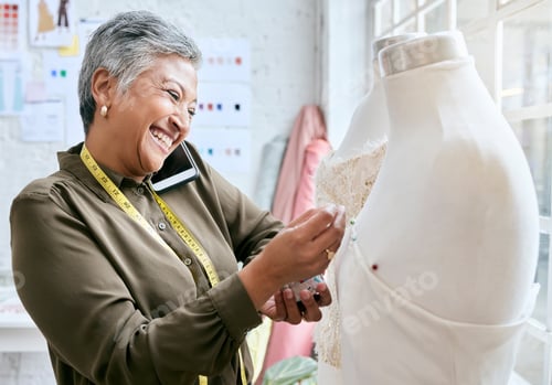 Preview: Fashion, designer and phone call of woman with mannequin in workshop. Startup, smartphone and happy
