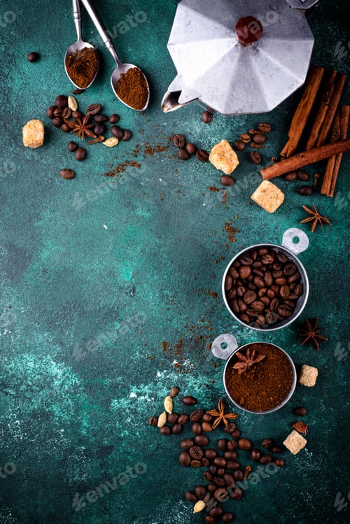 Preview: Grounded coffee, beans, coffe maker and spicces