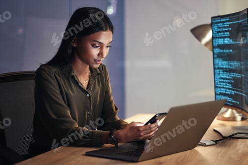 Preview: Laptop, phone and business woman on coding, software development and programming script for cyberse