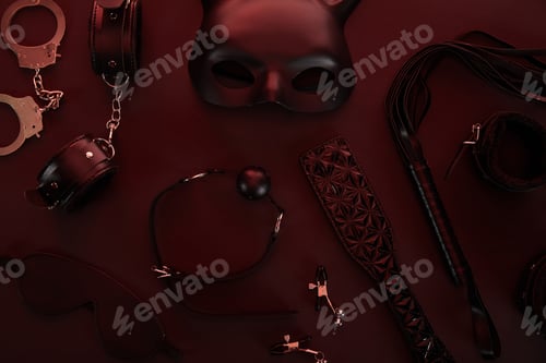 Preview: top view of sex toys in dark lighting on red background