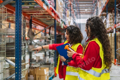 Preview: Female warehouse workers managing inventory with barcode scanner and clipboard