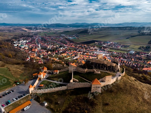 Preview: Rupea town shot from The Rupea Citadel in Romania on a sunny day
