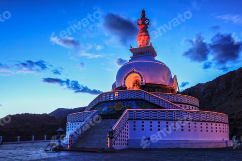 Preview: Shanti stupa illuminated in the evening twilight. Leh, Ladakh