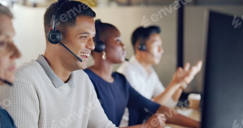 Preview: Call center, business man and team communication, global office and telemarketing diversity. Teleco